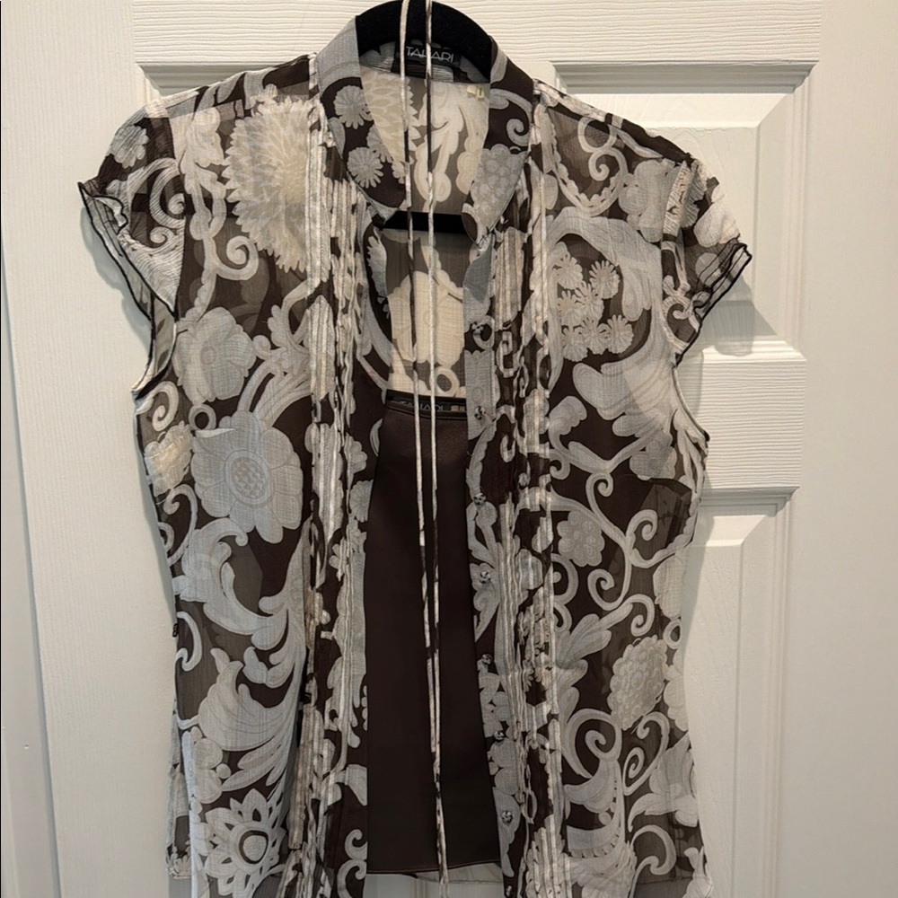 Tahari Brown & Cream Sheer Floral Overlay Blouse. Sz 4. Exc condition